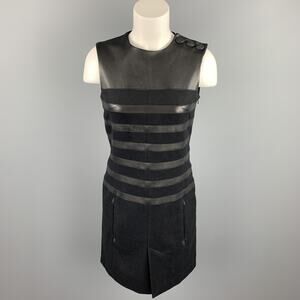 GAULTIER 2 Size 6 Black Virgin Wool Leather Trim Shift Dress